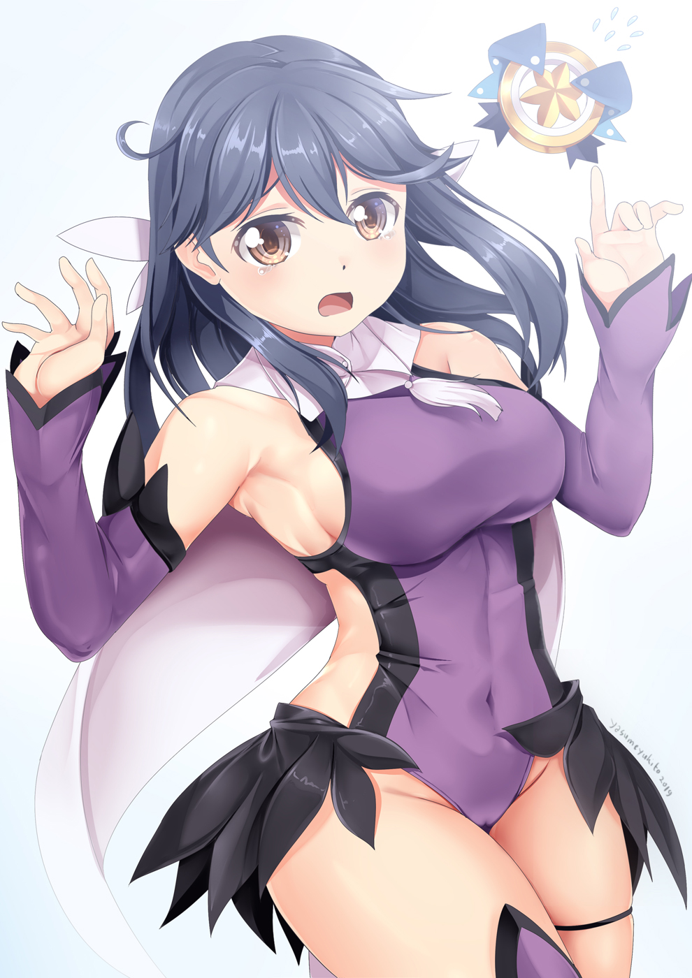 alternate_costume, armpits, bare_shoulders, black_hair, breasts, brown_eyes, cape, commentary_request