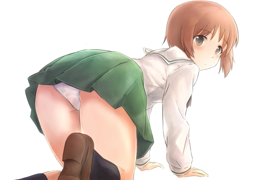 1girl, absurdres, all_fours, ass, bangs, black_legwear, black_neckwear, blouse