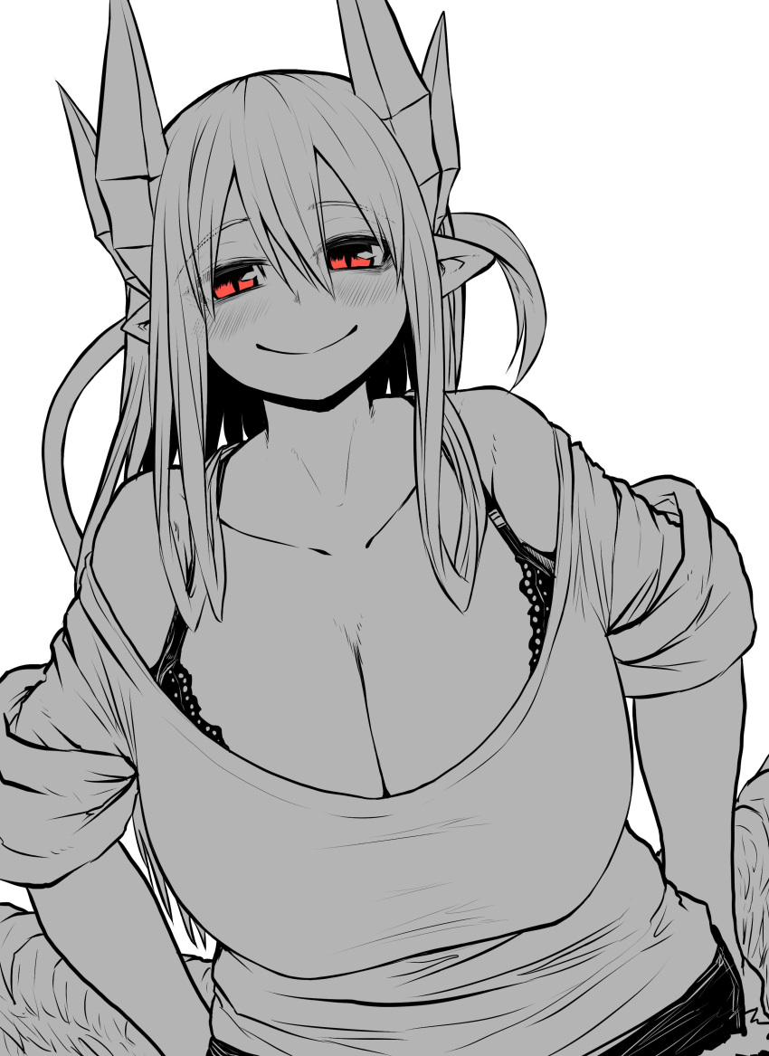1girl, absurdres, bare_shoulders, black_bra, bra, bra_strap, breasts, demon_girl