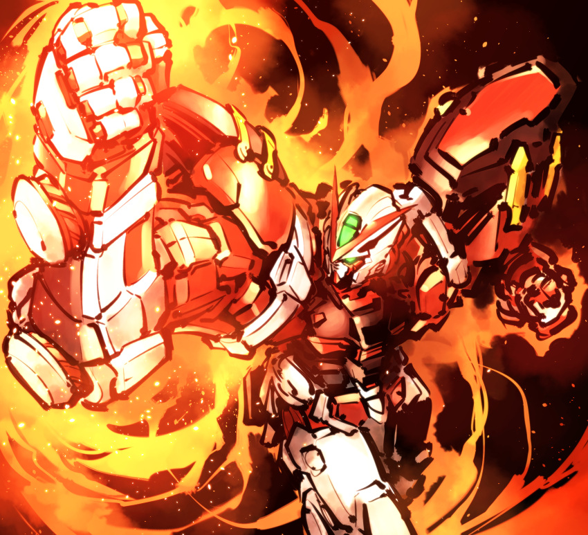 burning, clenched_hands, fire, glowing, glowing_eyes, green_eyes, gundam, gundam_astray_red_frame
