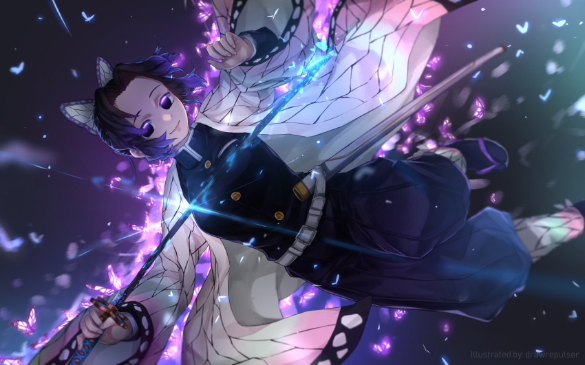 1girl, artist_name, black_hair, black_jacket, black_legwear, black_pants, blue_hair, butterfly_hair_ornament