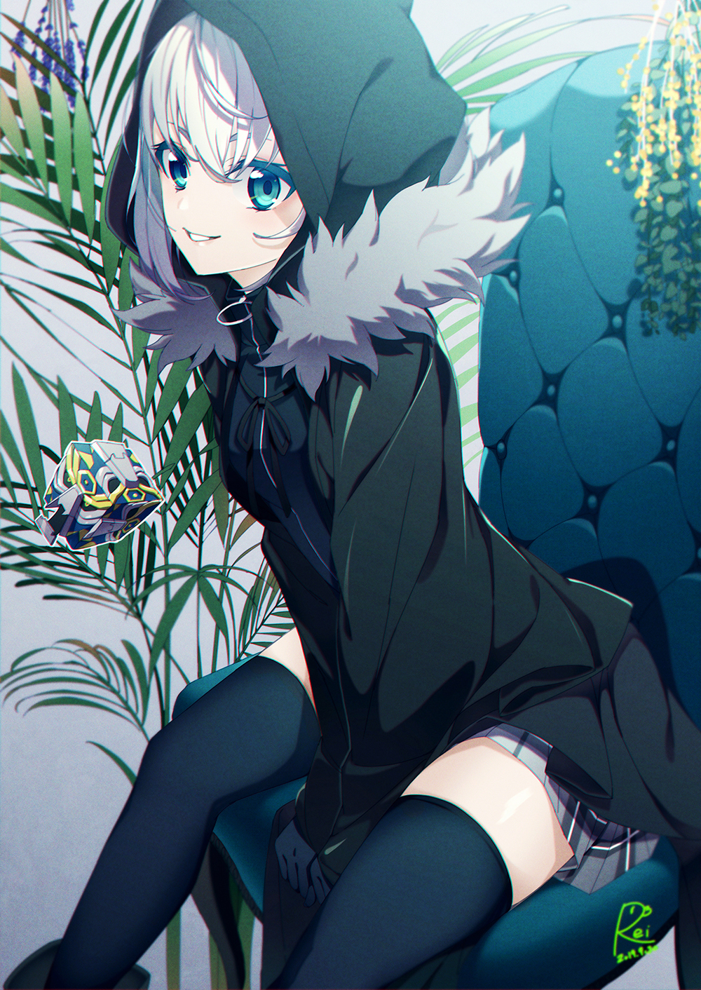 1girl, 2019, bangs, between_legs, black_gloves, black_jacket, black_legwear, blue_eyes