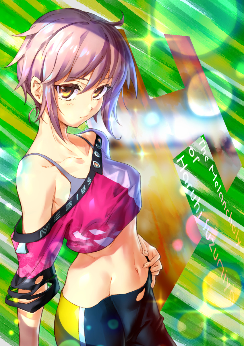 1girl, alternate_costume, black_pants, bra, brown_eyes, closed_mouth, collarbone, copyright_name, cowboy_shot, crop_top, dedeen, eyebrows_visible_through_hair, green_background, grey_bra, hair_between_eyes, highres, looking_at_viewer, midriff, nagato_yuki, navel, pants, pink_hair, shiny, shiny_hair, short_hair, sketch, solo, sparkle, standing, stomach, suzumiya_haruhi_no_yuuutsu, underwear
