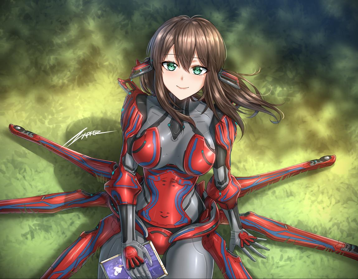 1girl, bangs, bodysuit, breasts, brown_hair, closed_mouth, commentary, eyebrows_visible_through_hair, green_eyes, hair_between_eyes, headgear, humanization, large_breasts, long_hair, looking_at_viewer, looking_up, lotus_(warframe), no_headwear, no_helmet, outdoors, photo_(object), picture_frame, sitting, smile, solo, trinity_(warframe), warframe, zxpfer