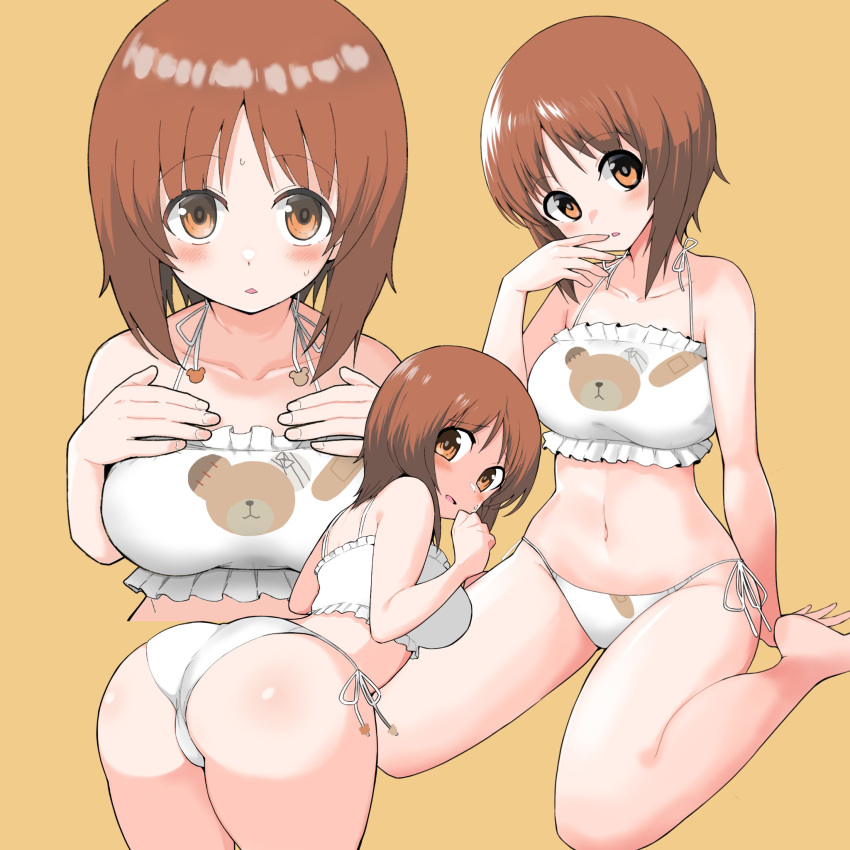 1girl, arm_support, ass, barefoot, bent_over, boko_(girls_und_panzer), bra, breasts
