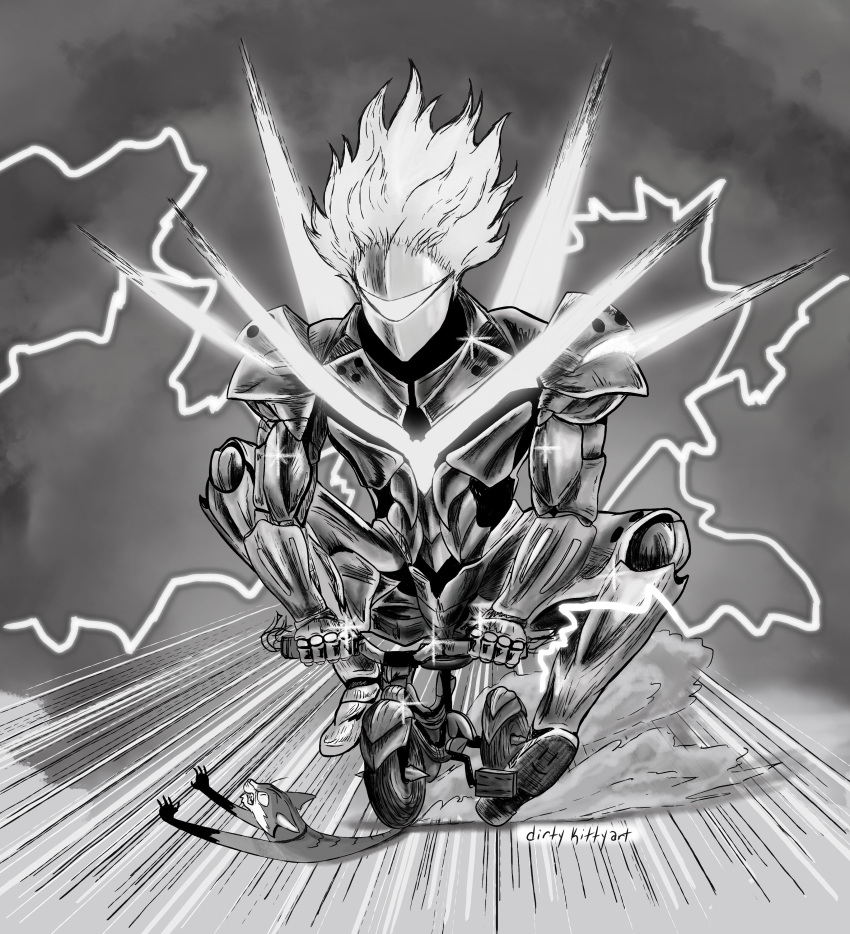 1boy, absurdres, armor, artist_name, battle, cat, chasing, commentary