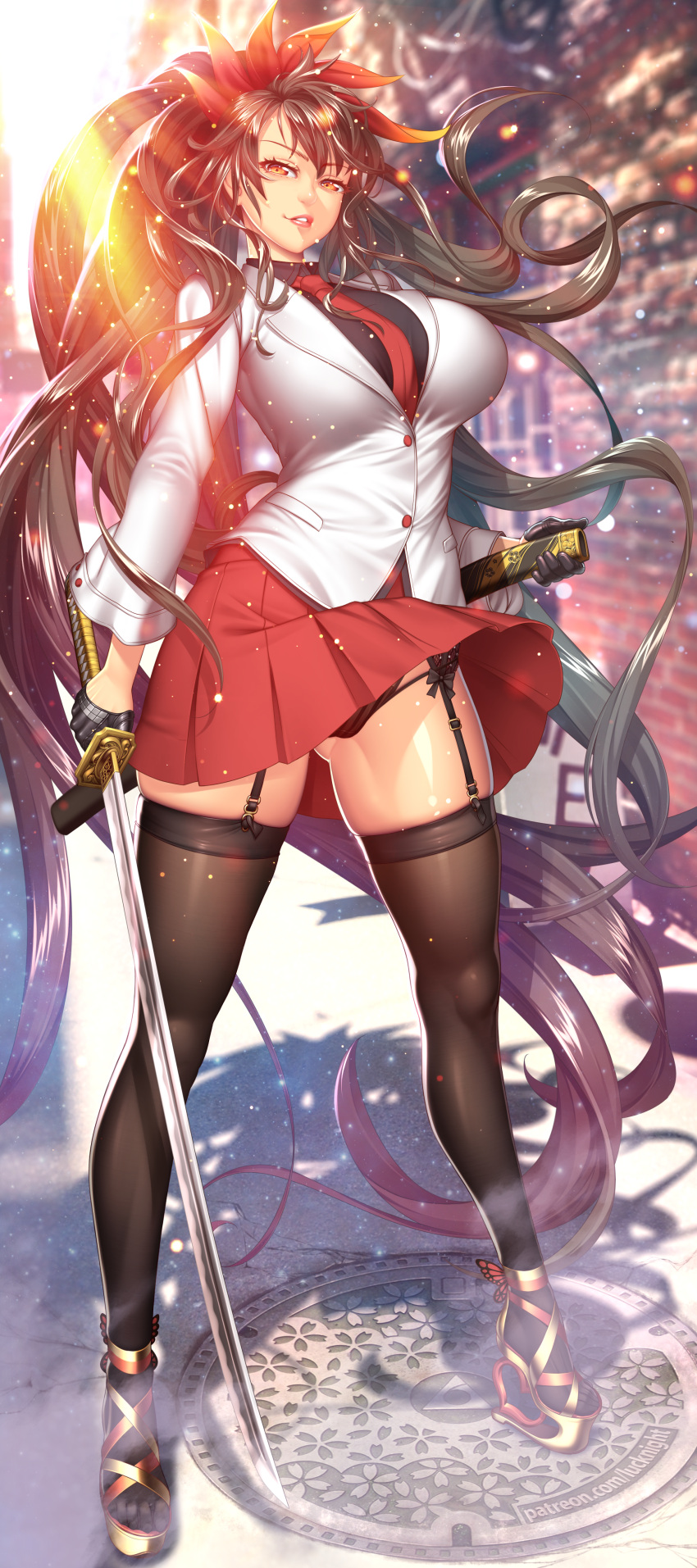 1girl, absurdres, ass_visible_through_thighs, bangs, black_hair, black_legwear, black_panties, black_shirt