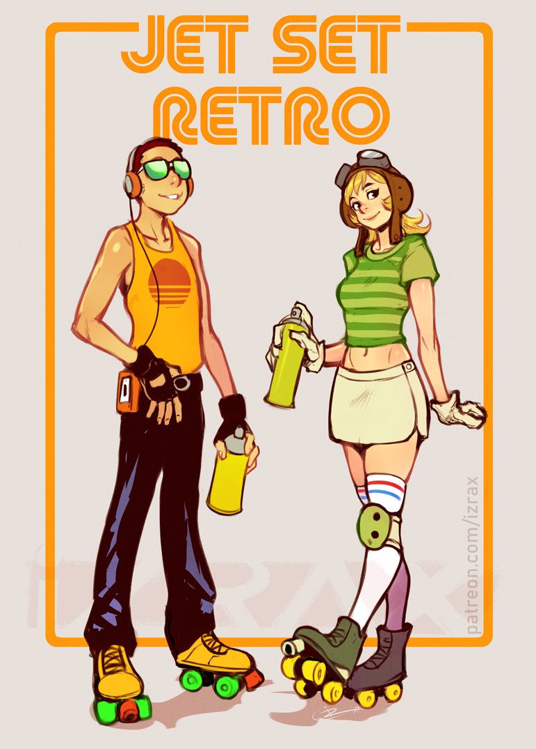 1boy, 1girl, 80s, adapted_costume, beat_(jsr), black_gloves, blonde_hair, brown_hair