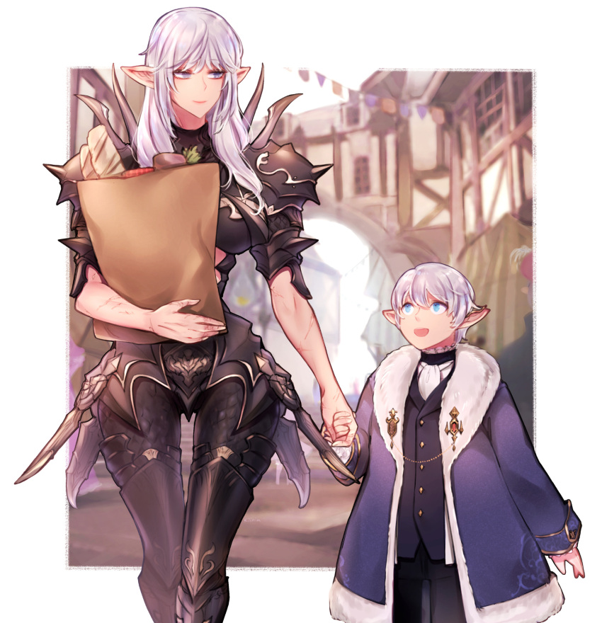 1boy, 1girl, armor, bag, bangs, blue_eyes, blurry, blurry_background, border, breastplate, building, elezen, elf, estinien, eyebrows_visible_through_hair, final_fantasy, final_fantasy_xiv, food, genderswap, genderswap_(mtf), greaves, highres, holding_hands, long_hair, mother_and_son, open_mouth, pannakotta, paper_bag, pauldrons, pointy_ears, scale_armor, scar, smile, thigh_gap, white_border, white_hair