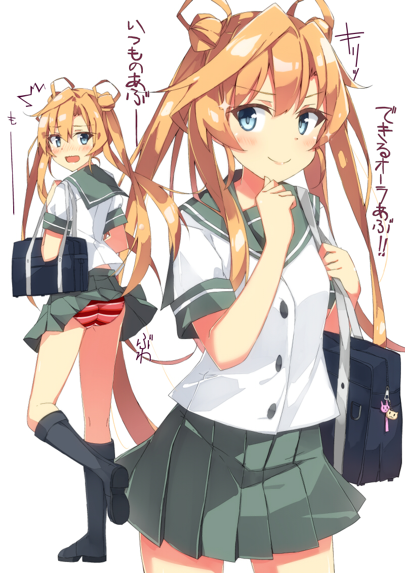 1girl, abukuma_(kantai_collection), aqua_skirt, ass, bag, beritabo, black_footwear, blonde_hair
