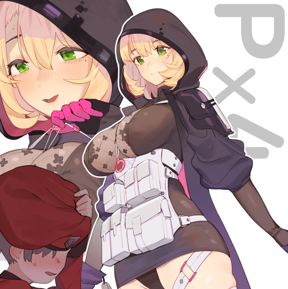 1boy, 1girl, beret, black_dress, blonde_hair, breasts, character_name, commander_(girls_frontline), dress, girls_frontline, green_eyes, hair_between_eyes, hat, hood, hood_up, hooded_coat, juz, large_breasts, long_hair, pouch, px4_storm_(girls_frontline), short_hair, skin_tight, white_background