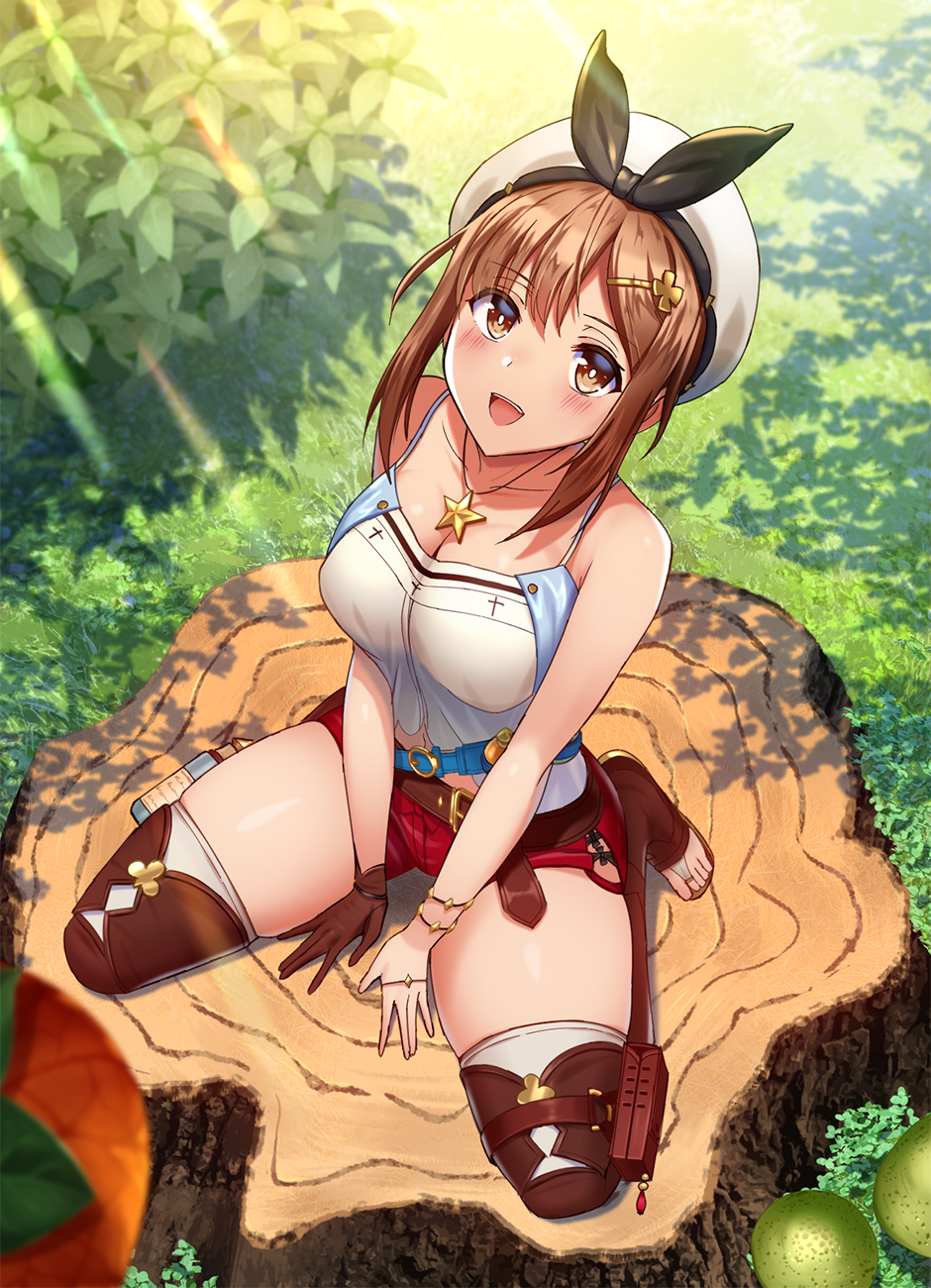 1girl, atelier_(series), atelier_ryza, brown_eyes, brown_hair, commentary_request, from_above, hat
