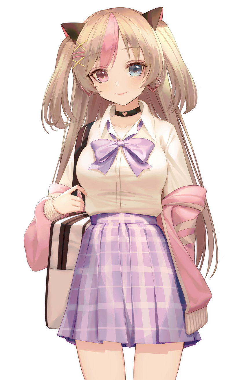 1girl, absurdres, bag, blue_eyes, bosumonki, bow, bowtie, breasts
