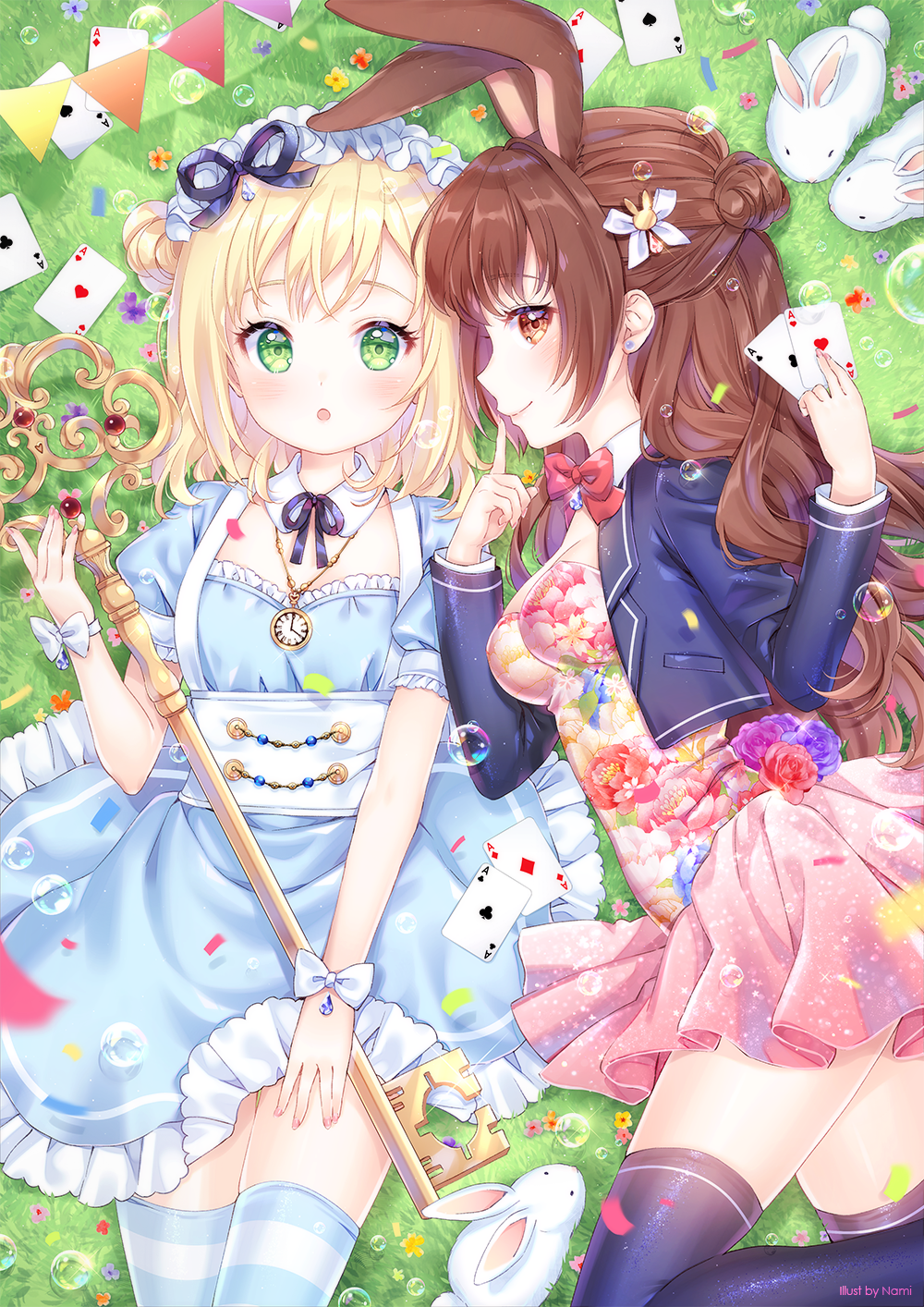 2girls, :o, alice_in_wonderland, animal, animal_ears, artist_name, black_legwear, black_ribbon