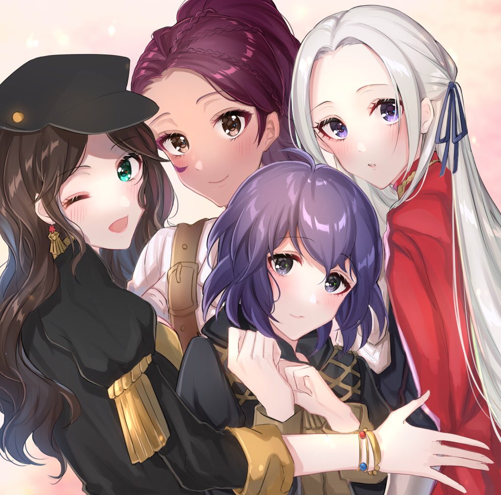 4girls, ahoge, bangs, bernadetta_von_varley, black_eagles, black_jacket, blue_eyes, blue_ribbon