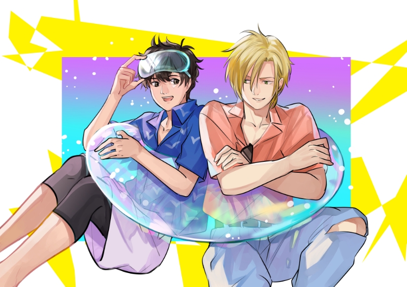 2boys, adjusting_eyewear, ash_lynx, banana_fish, belt, black_hair, blonde_hair, blue_shirt, crossed_arms, feet_out_of_frame, goggles, hair_between_eyes, hawaiian_shirt, innertube, looking_at_another, male_focus, multiple_boys, okumura_eiji, shirt, short_sleeves, shorts, sitting, smile, torn_clothes, transparent, xiaochong