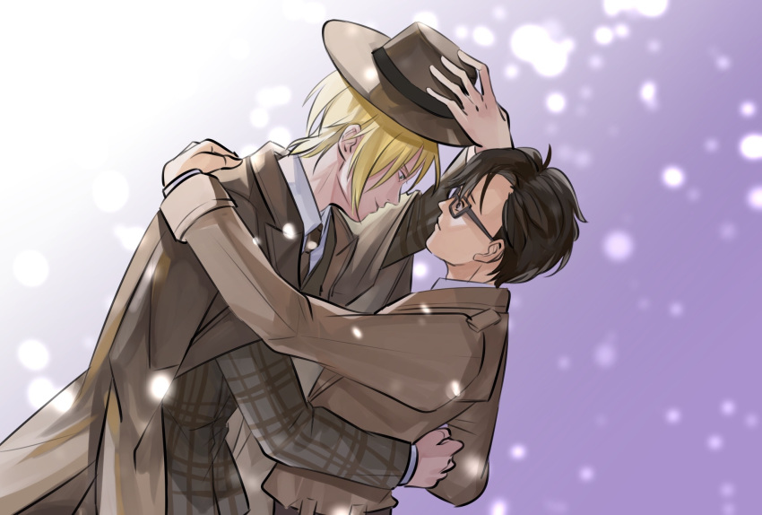 2boys, adjusting_clothes, adjusting_hat, ash_lynx, banana_fish, black-framed_eyewear, black_hair, blonde_hair