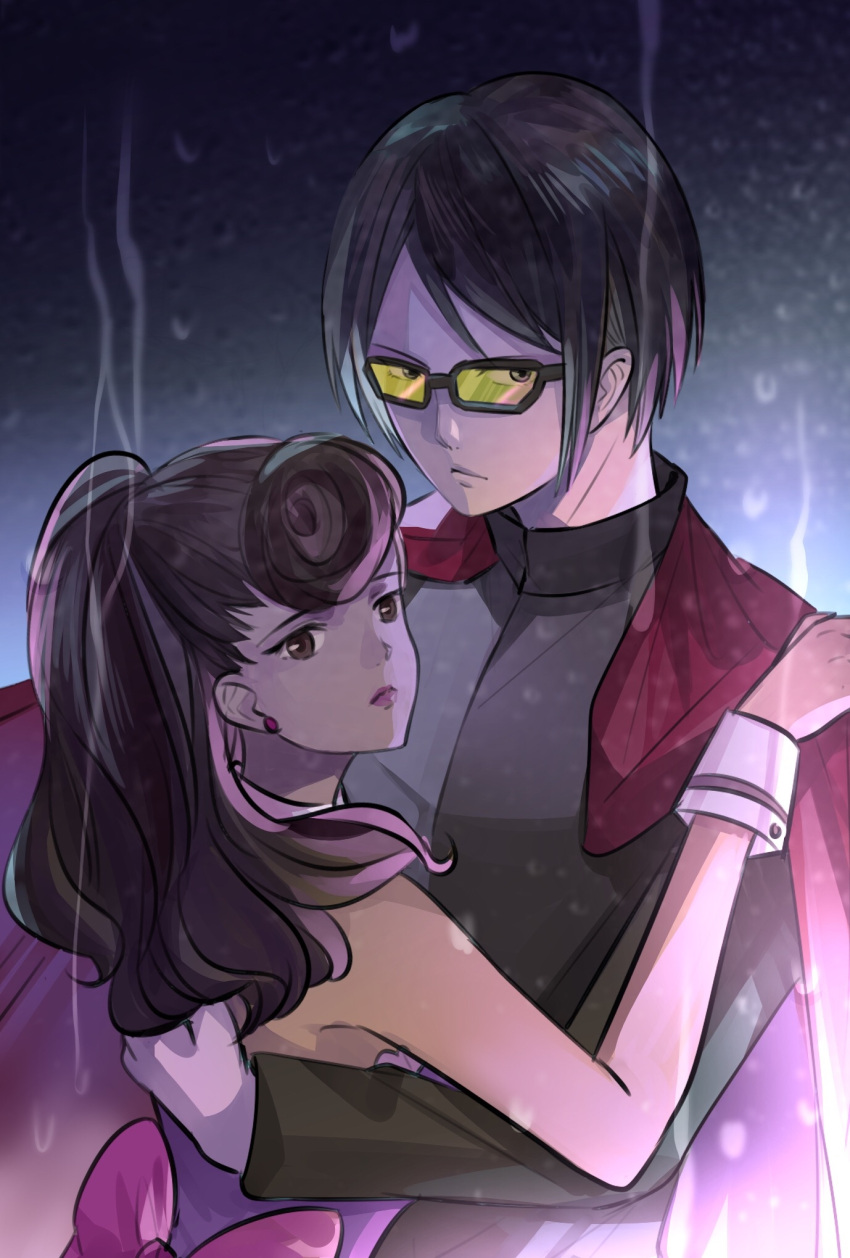 1boy, 1girl, alternate_hairstyle, angela_carpenter, black-framed_eyewear, black_eyes, black_hair, black_jacket