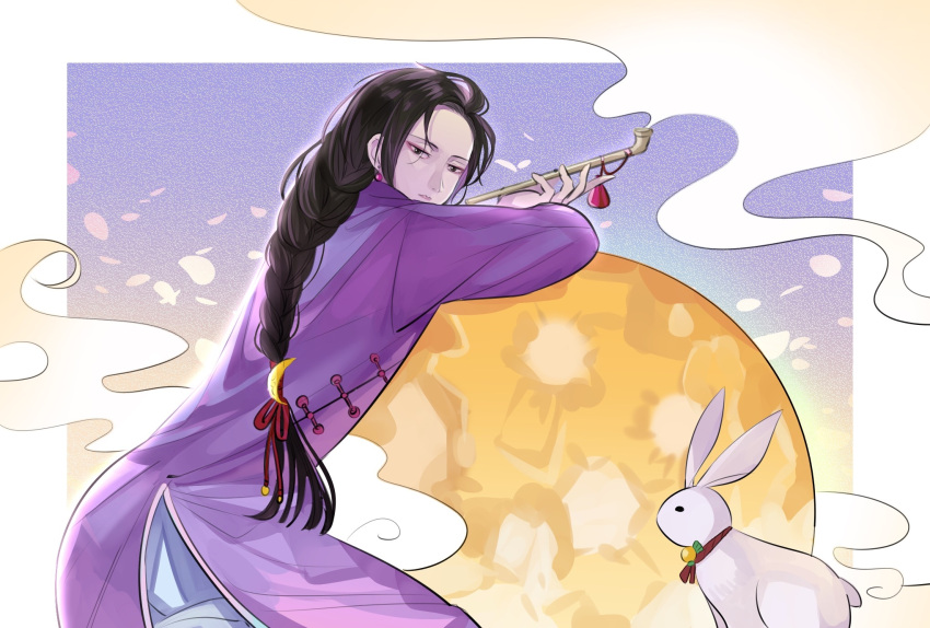 1boy, banana_fish, black_eyes, black_hair, braided_ponytail, chinese_clothes, crescent, crescent_hair_ornament