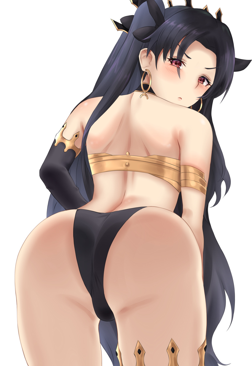 1girl, absurdres, ass, back, bare_shoulders, black_hair, black_panties, black_ribbon