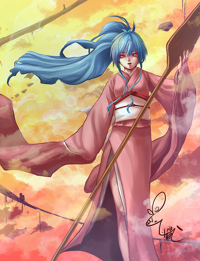 1girl, blue_hair, botan_(yuu_yuu_hakusho), closed_mouth, clouds, commentary_request, flower, japanese_clothes