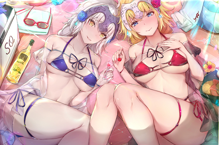 2girls, alcohol, bangs, bare_shoulders, beach_towel, bikini, blonde_hair, blue_bikini