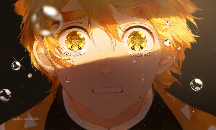1boy, agatsuma_zenitsu, black_background, blonde_hair, blurry, character_name, close-up, commentary_request, crying, crying_with_eyes_open, depth_of_field, face, glint, hair_between_eyes, kimetsu_no_yaiba, kuwajima_jigorou, looking_at_viewer, male_focus, maosen, pov, reflective_eyes, shade, tears, yellow_eyes
