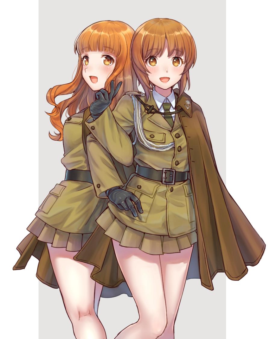 2girls, aiguillette, alternate_costume, bangs, belt, black_belt, black_gloves, black_neckwear