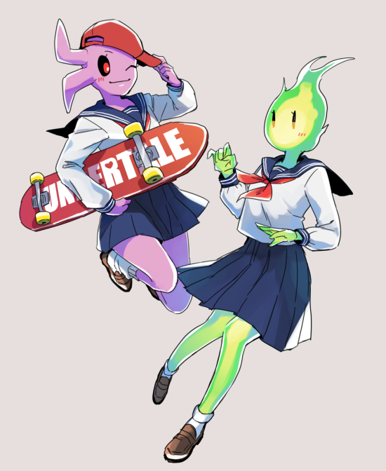2girls, ;), adjusting_clothes, adjusting_hat, baseball_cap, black_sclera, blue_skirt, blush