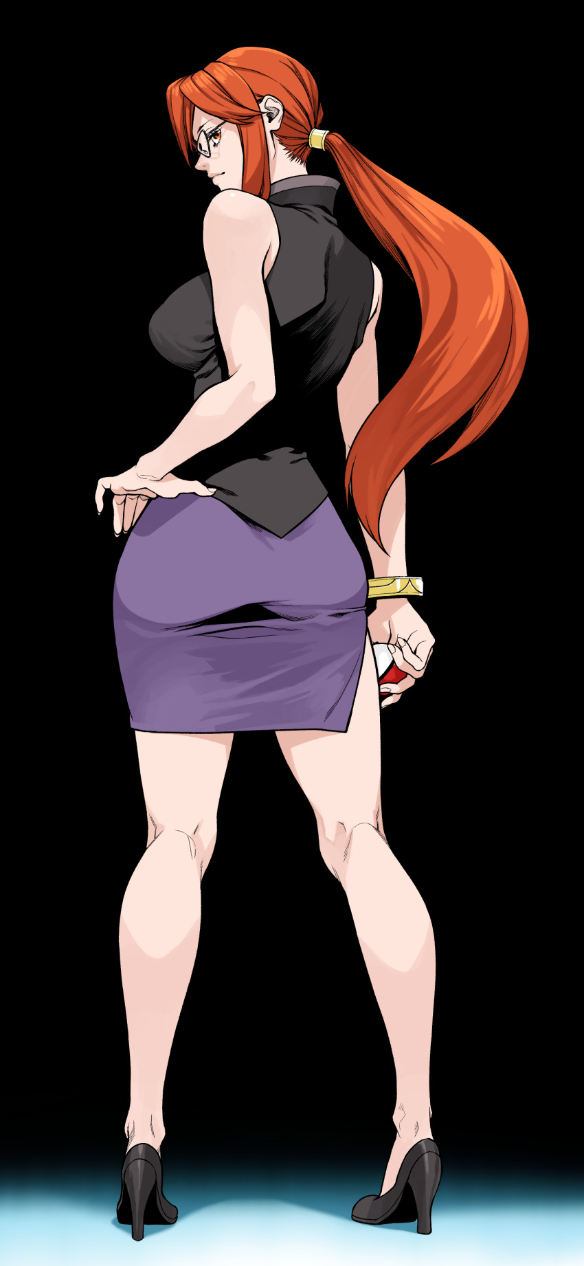 1girl, absurdres, ass, bare_shoulders, black-framed_eyewear, black_background, black_footwear, black_shirt
