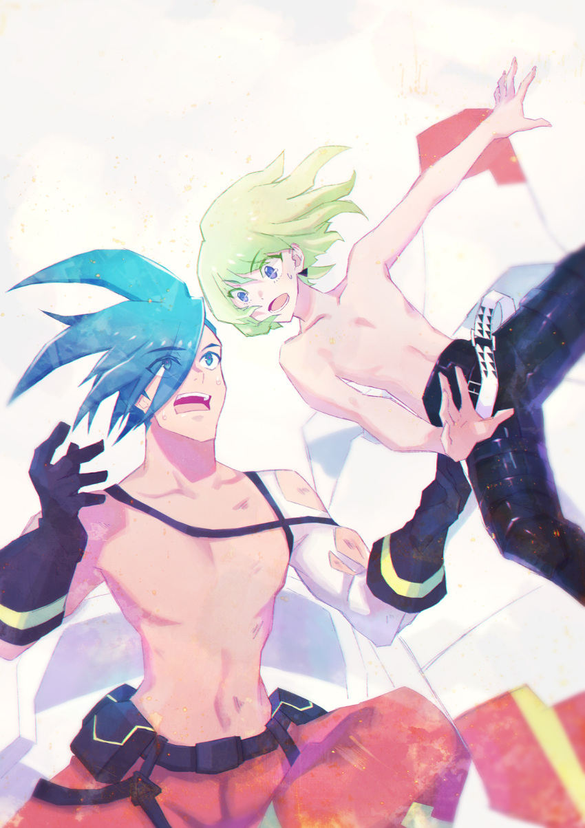 2boys, blue_eyes, blue_hair, falling, galo_thymos, green_hair, highres, lio_fotia, male_focus, matoi_tech, multiple_boys, promare, rei_snow_garden, spiky_hair, surprised, torn_sleeve, violet_eyes