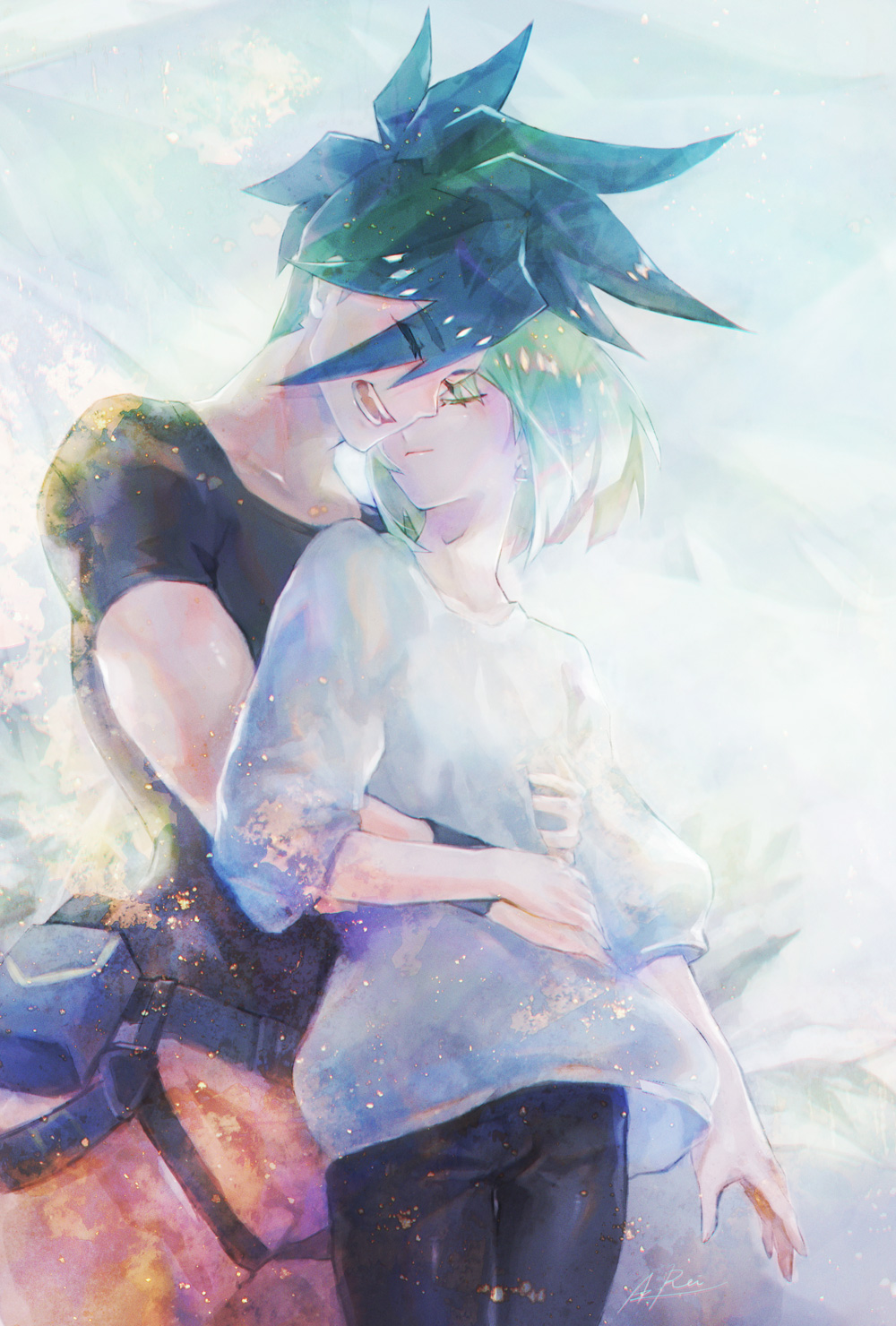 2boys, androgynous, blouse, blue_hair, casual, firefighter, galo_thymos, green_hair, highres, hug, hug_from_behind, lio_fotia, male_focus, multiple_boys, otoko_no_ko, promare, rei_snow_garden, spiky_hair, yaoi