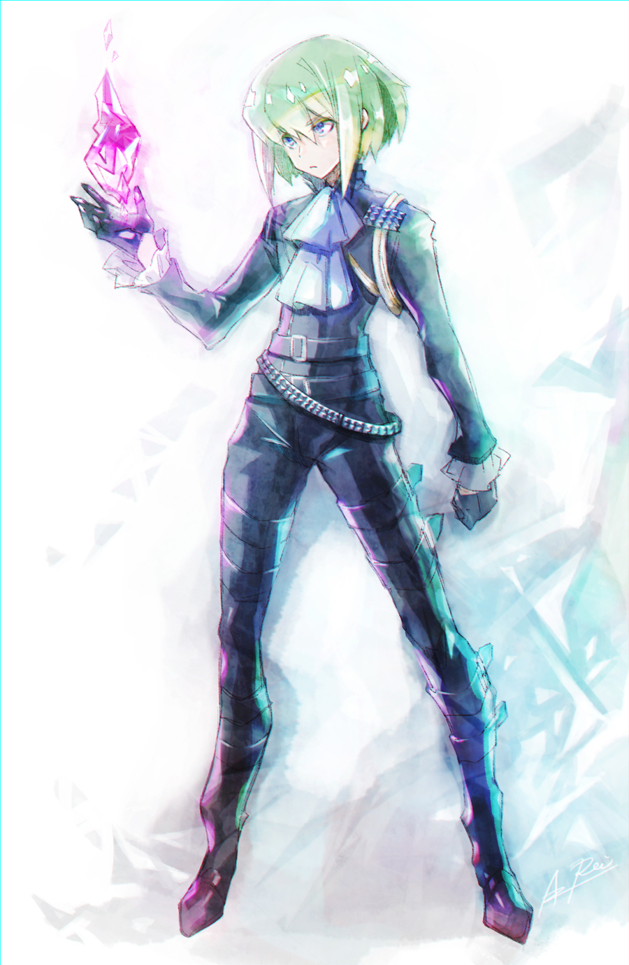 1boy, androgynous, biker_clothes, cravat, fire, floating, gloves, green_hair