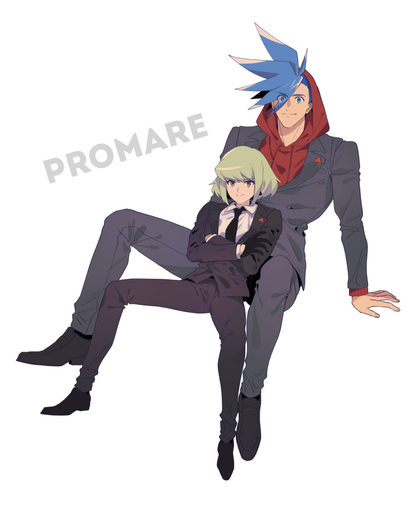 2boys, blue_hair, crossed_arms, formal, galo_thymos, gloves, green_hair, half_gloves
