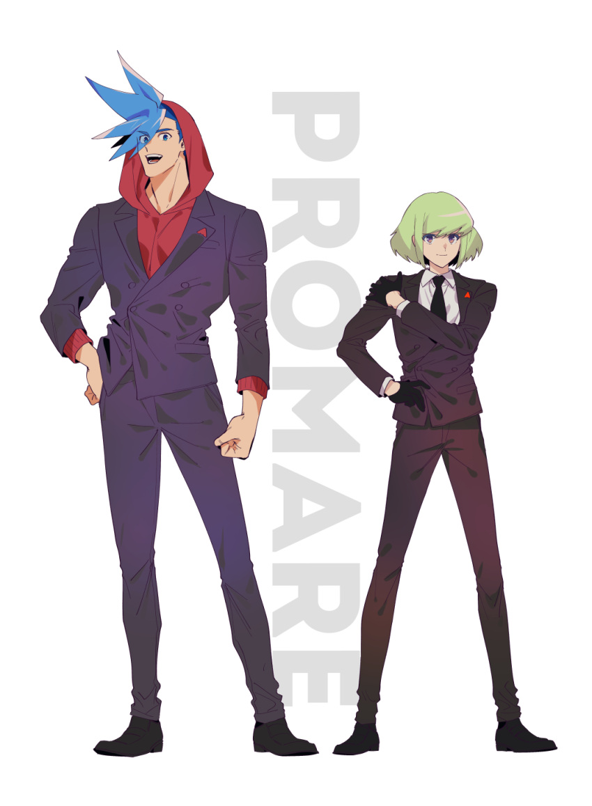 2boys, blue_hair, formal, galo_thymos, gloves, green_hair, half_gloves, highres