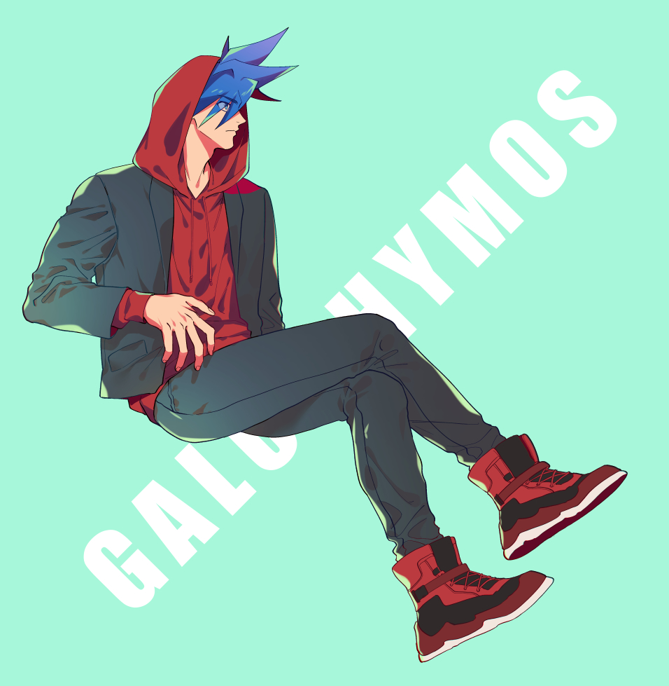 1boy, blue_hair, character_name, crossed_legs, eyes_visible_through_hair, galo_thymos, hood, hood_down