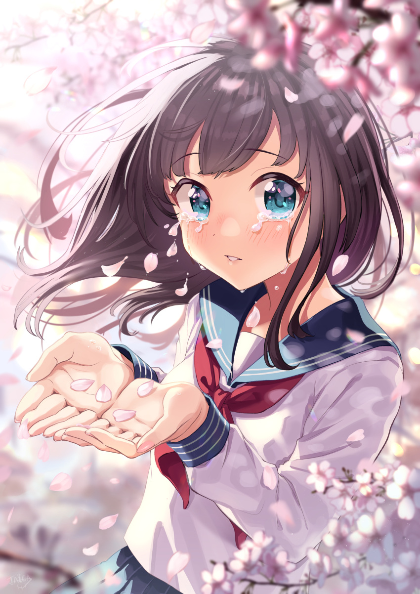 1girl, absurdres, bangs, blue_eyes, blue_skirt, blurry, blurry_background, branch