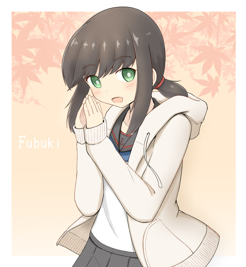 1girl, absurdres, beige_jacket, black_hair, black_sailor_collar, black_skirt, fubuki_(kantai_collection), green_eyes