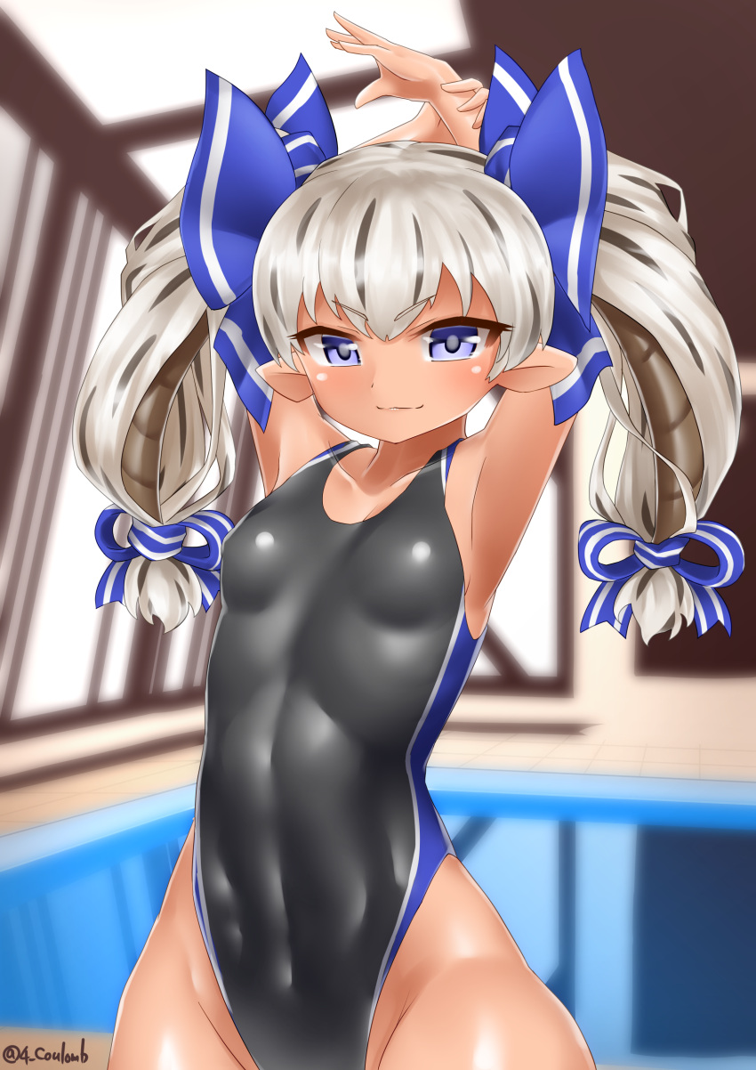 1girl, absurdres, arm_behind_head, arms_up, black_swimsuit, blue_eyes, blue_ribbon, breasts