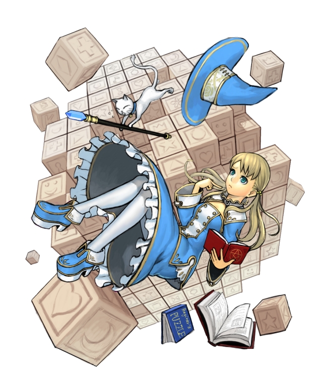 blonde_hair, blue_eyes, book, cat, hat, k+, magician's_hat, pantyhose