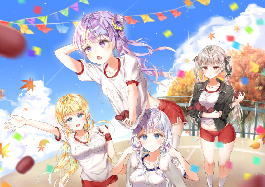 4girls, :o, ahoge, alternate_costume, arm_up, azur_lane, ball_toss, black_jacket, blonde_hair, blue_eyes, blue_sky, blurry, blurry_foreground, blush, buruma, carrying, clouds, commentary_request, confetti, day, depth_of_field, foreshortening, formidable_(azur_lane), grey_hair, gym_uniform, hair_bun, hair_ornament, illustrious_(azur_lane), jacket, leaf, light_particles, long_hair, looking_at_another, looking_at_viewer, looking_to_the_side, looking_up, maple_leaf, multiple_girls, open_clothes, open_jacket, open_mouth, outdoors, piggyback, purple_hair, qlakwnd, red_eyes, red_shorts, shirt, shirt_basket, short_sleeves, shorts, silver_hair, sky, smile, socks, sports_festival, streamers, t-shirt, thigh-highs, track_jacket, two_side_up, unicorn_(azur_lane), very_long_hair, victorious_(azur_lane), violet_eyes, white_legwear, white_shirt, x_hair_ornament