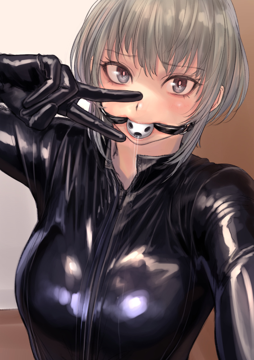 1girl, ball_gag, black_gloves, bodysuit, breasts, gag, gimp_suit, gloves