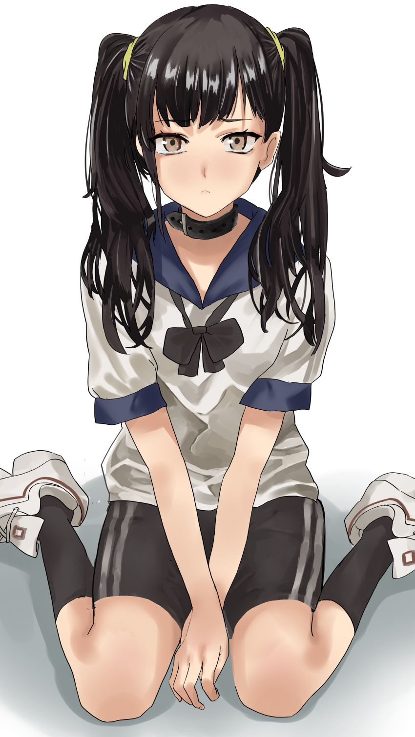 1girl, absurdres, bangs, between_legs, black_collar, black_hair, black_legwear, black_neckwear