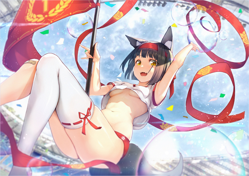 animal_ear_fluff, animal_ears, armpits, asymmetrical_legwear, azur_lane, bandaid, bandaid_on_knee, black_hair