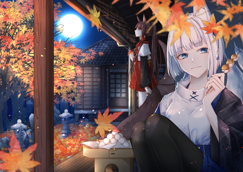 absurdres, akagi_(azur_lane), animal_ear_fluff, animal_ears, architecture, autumn, autumn_leaves, azur_lane