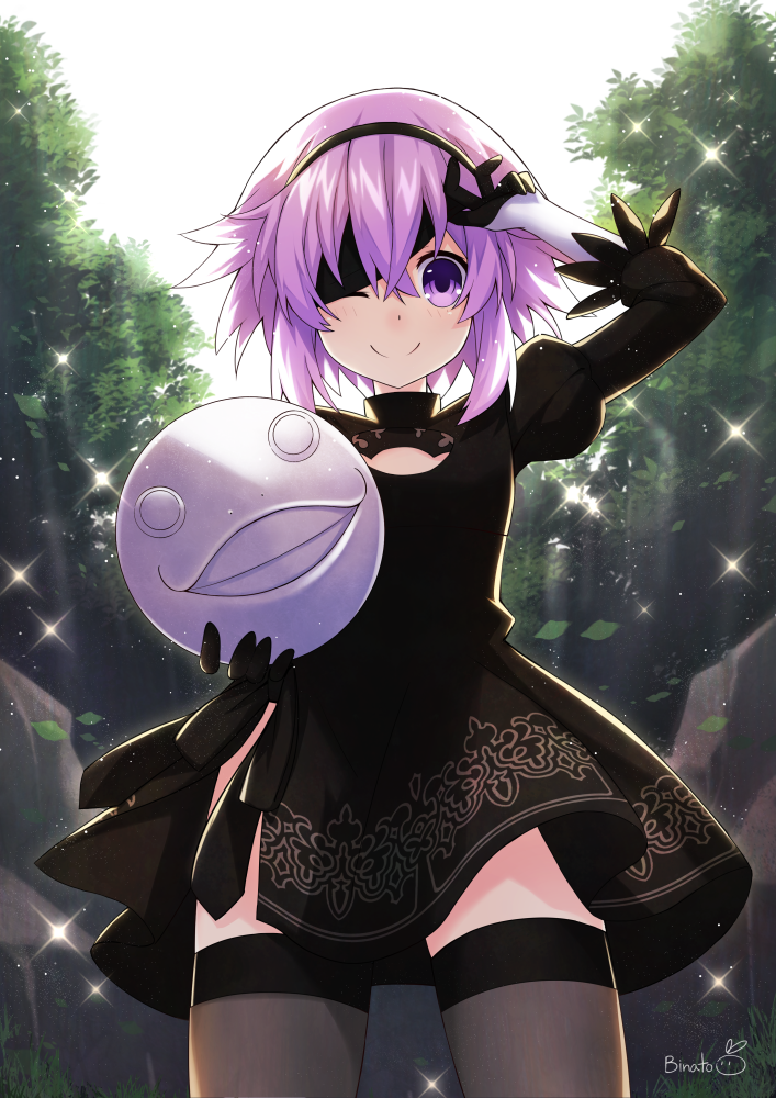 1girl, artist_name, binato_lulu, black_legwear, blindfold, blush, cleavage_cutout, cosplay, crossover, dress, emiil, forest, gloves, hairband, holding, looking_at_viewer, nature, neptune_(neptune_series), neptune_(series), nier_(series), nier_automata, one_eye_closed, puffy_sleeves, purple_hair, signature, smile, solo, thigh-highs, violet_eyes, yorha_no._2_type_b