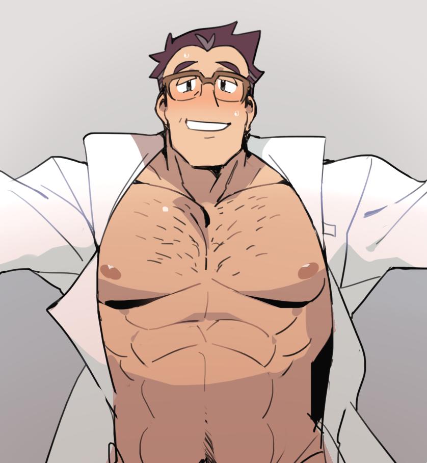 1boy, adonis_belt, blush, brown_hair, chest_hair, glasses, gradient, gradient_background