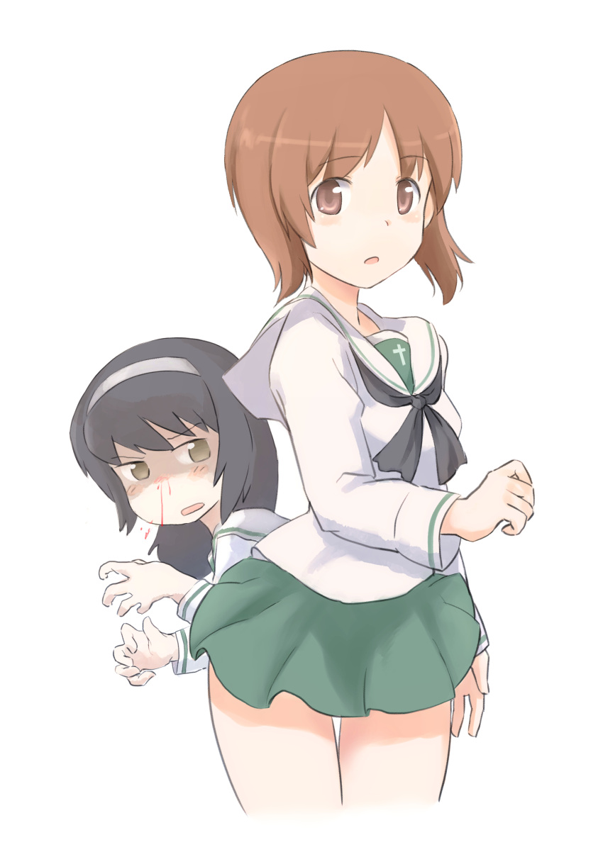 2girls, absurdres, bangs, black_hair, black_neckwear, blouse, blush, brown_eyes, brown_hair, commentary, cropped_legs, ennui_orz, eyebrows_visible_through_hair, female_pervert, girls_und_panzer, green_skirt, hairband, highres, implied_pantyshot, long_hair, long_sleeves, looking_at_viewer, miniskirt, multiple_girls, neckerchief, nishizumi_miho, ooarai_school_uniform, open_mouth, pervert, pleated_skirt, reizei_mako, school_uniform, serafuku, short_hair, simple_background, skirt, skirt_lift, standing, white_background, white_blouse, white_hairband, wind, wind_lift