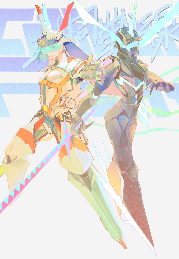 2boys, adapted_costume, armor, blue_hair, galo_thymos, helmet, horns, katana