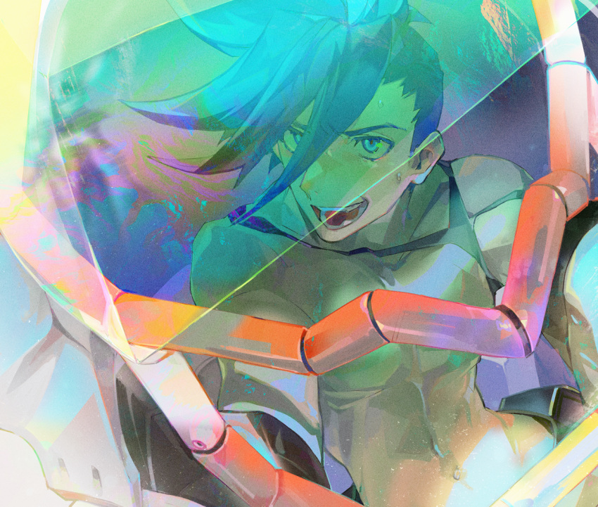 1boy, :d, blue_hair, close-up, galo_thymos, kibadori_rue, male_focus, matoi_tech